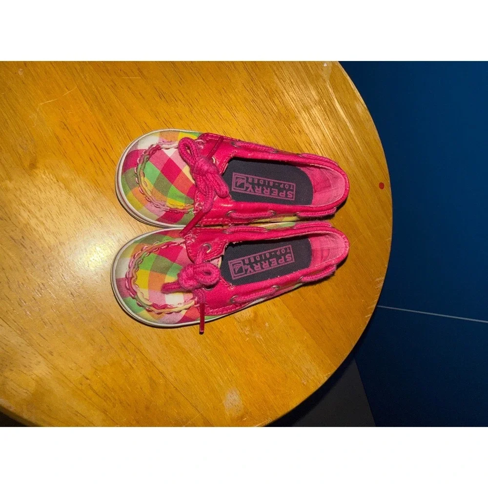 Sperry‎ Top-Sider Biscayne Baby Pink Green Plaid Canvas Boat Shoes Size 4.5 M